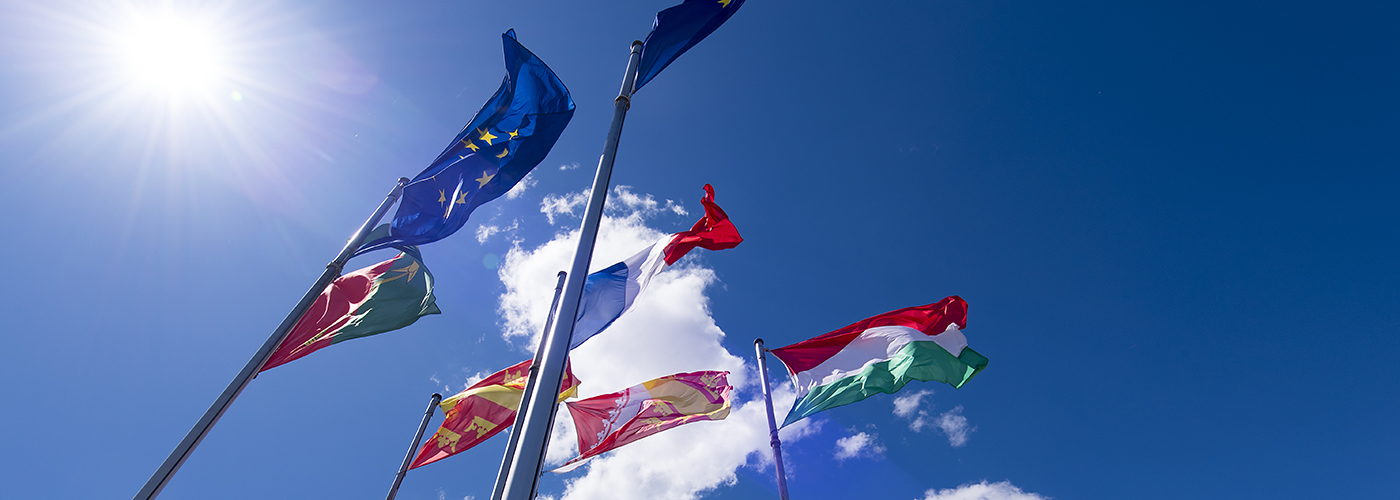 Vue d'en bas de sept drapeaux européens.