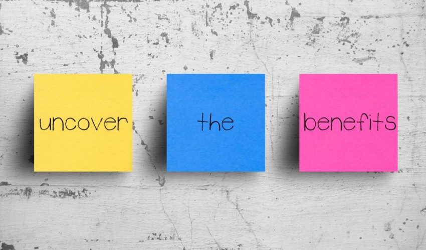 Three colorful post-it which show the sentence "Under the benefits".